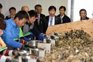 知事と一緒に生き活きトーク(頭島地区カキ加工処理施設視察)2