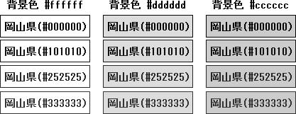 テキストの文字色は黒（#000000）から濃灰色（#333333）、背景色は白（#ffffff）から薄灰色（#cccccc）