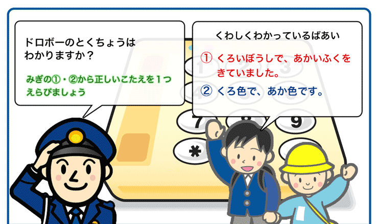 110番通報電話のこたえかた「ドロボーのとくちょう確認」