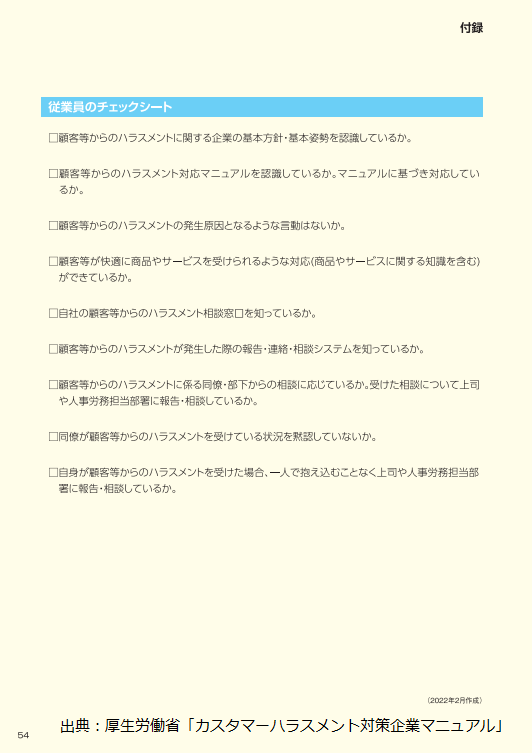 カスタマーハラスメント　従業員対策　チェックシート