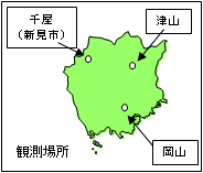岡山県の岡山と津山と千屋の位置関係を表す地図