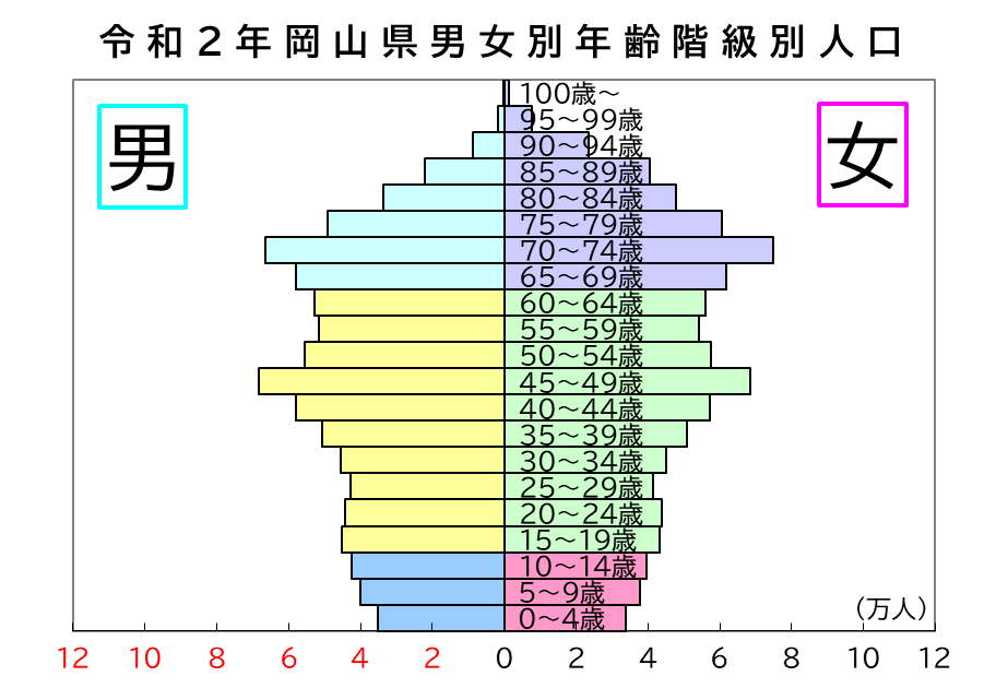 「令和２年の岡山県男女別年齢階級別人口ピラミッド」のグラフ