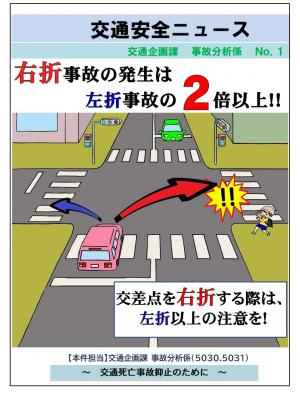 交通安全ニュース「右折事故の発生は左折事故の2倍以上!」